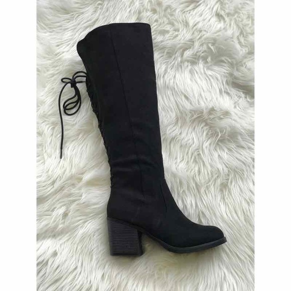 Back Lace-Up Chunky Heeled Knee High Boots - Picture 2 of 5
